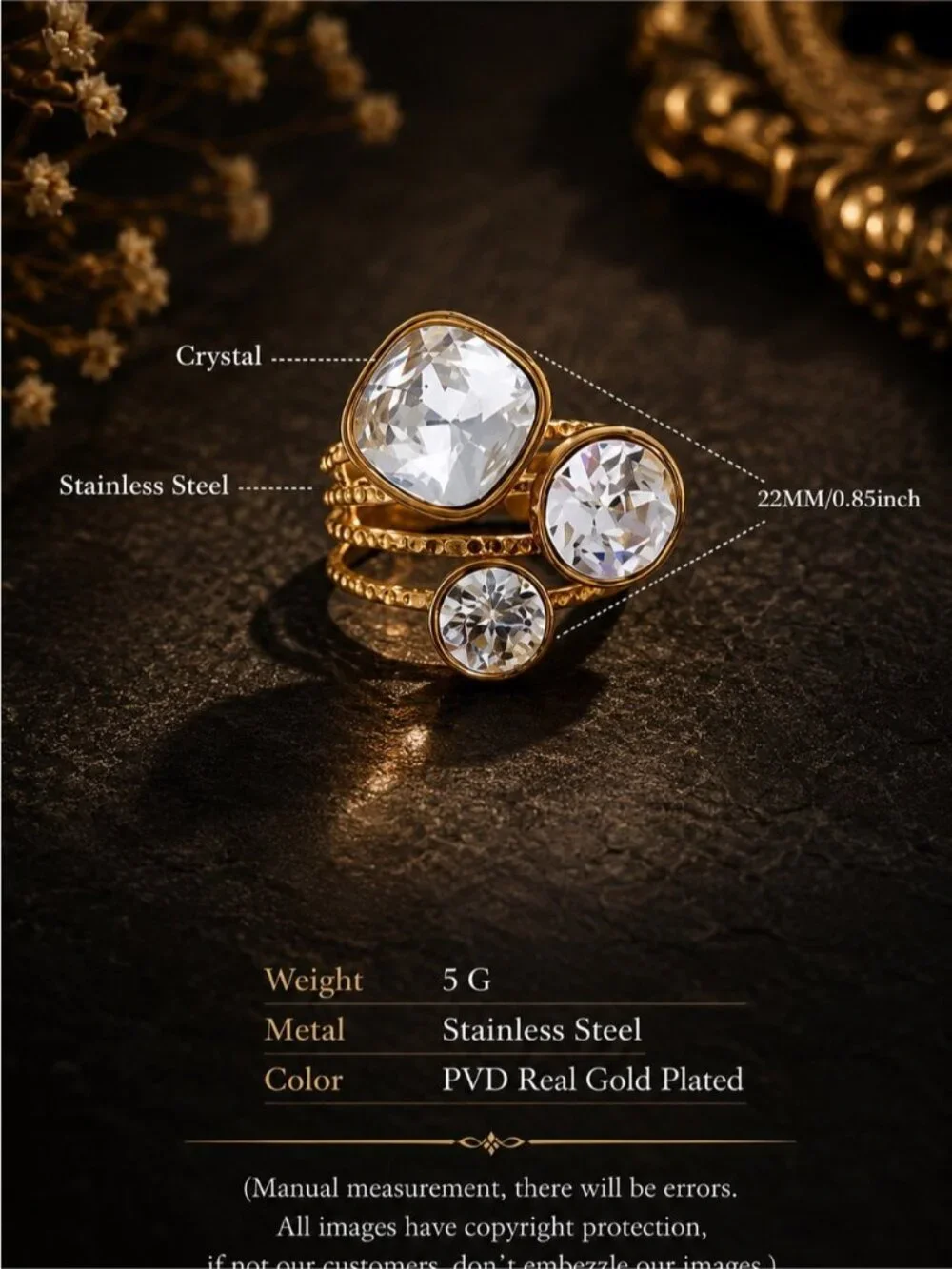 18 K Gold plated Triple Crystal Stack Ring